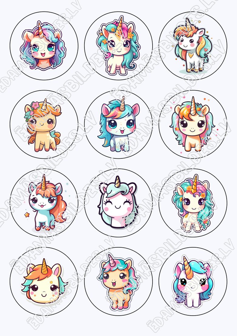 Cukura papīrs ar apdruku "Unicorn", kapkeiku aplīši 6 cm